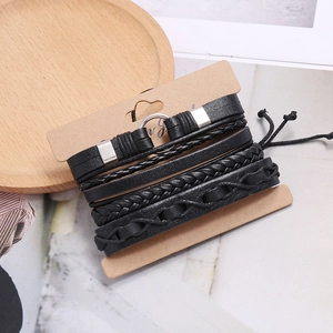 Set of multi-layer black braided leather bracelets for men with silver metal accents