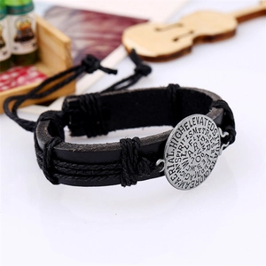Vintage leather cross bracelet with engraved silver dream charms and adjustable ropes