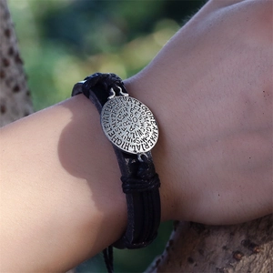 Retro multi-layer braided leather cross bracelet with engraved silver dream charms