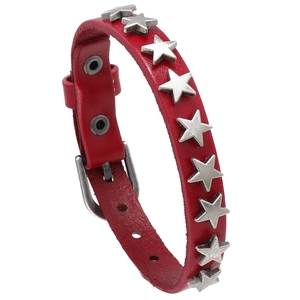 Punk style red leather bracelet with silver star studs and adjustable buckle closure