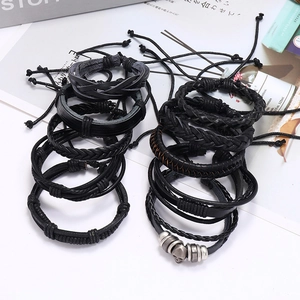 Men's retro black multi-layer braided leather bracelet set with vintage skull charm beads
