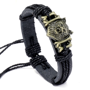 Vintage geflochtenes Lederarmband mit bronzenem Wolfskopf und verstellbarer Punk-Kordel