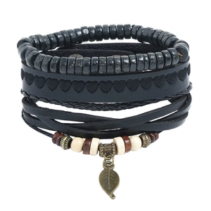 Retro Multi-layer Cowhide Leather Bracelet For Men Women Handmade Woven Beaded Leaf Heart Pendant Bohemian Punk Unisex Jewelry