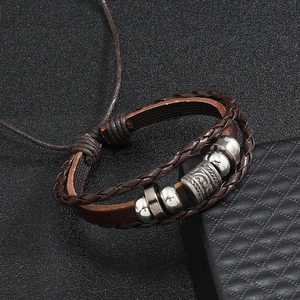 Vintage multi-layer braided leather bracelet with metal beads and adjustable cord