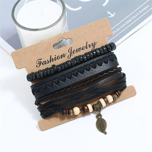 Vintage multi-layer braided leather bracelet set with wooden beads and leaf pendant charm