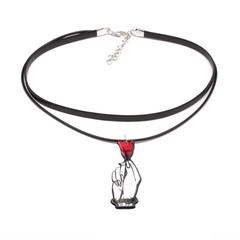 Detail of double-layer black choker necklace with rose hand pendant and adjustable chain