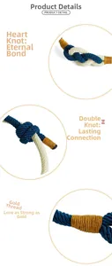Close-up of blue and white woven cord with gold thread knots and double joint knots