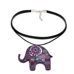 Detail of elephant pendant featuring colorful purple mandala patterns and adjustable cord