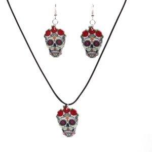 Halloween Mexican Day Of The Dead Sugar Skull Jewelry Set Red Rose Acrylic Pendant Necklace Earrings Party Women Decor