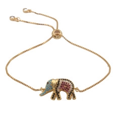 Detailed view of adjustable gold elephant bracelet with vibrant micro-pave zircon stones