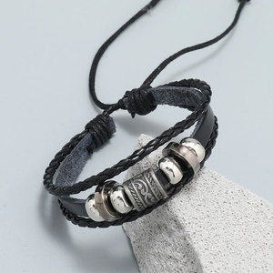 Men's multilayer braided leather bracelet with silver beads and carved retro cylinder