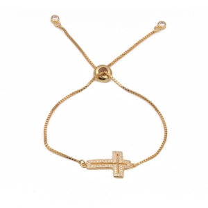 Fashion Gold Plated Copper Cross Charm Bracelet For Women Micro Pave Rhinestone Adjustable Box Chain Bolo Jewelry Gift
