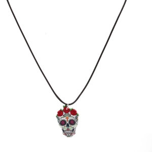 Acrylic skull necklace with red roses and floral patterns for Halloween or Day of the Dead