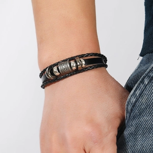 Vintage multilayer black leather beaded bracelet with engraved silver metal charms