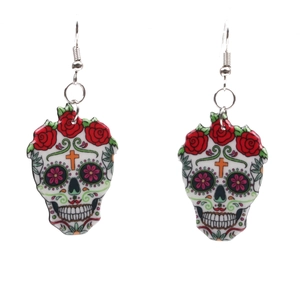 Day of the Dead colorful sugar skull acrylic earrings with red roses and floral patterns