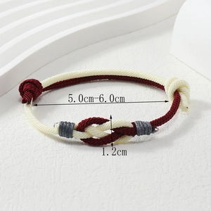 Detailed view of handmade tricolor woven knot bracelet with specific size measurements