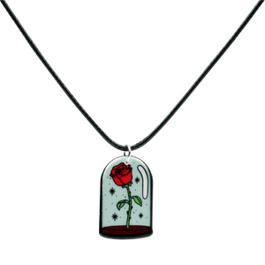 Detail of red rose pendant with clear dome and black cord for Halloween jewelry set