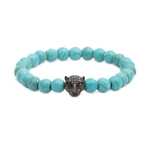 Green turquoise beaded bracelet featuring a leopard head pendant with sparkling zircon eyes