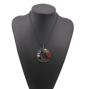 Colorful chakra tree of life wire wrapped necklace with natural crushed stones on black cord