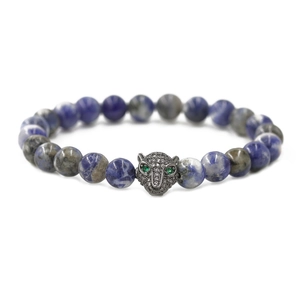 Beaded sodalite stone bracelet featuring a micro-pave zircon leopard head charm