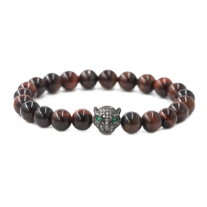 Men's red tiger eye beaded bracelet featuring a micro-paved zircon leopard head