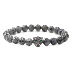 Macro view of leopard head charm with micro-pave zircons and natural labradorite beads