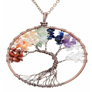 Tree of Life necklace with colorful chakra gravel stones and antique bronze wire wrap