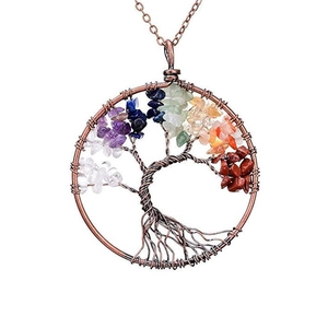 Handmade tree of life necklace with seven chakra colorful tumbled stones on bronze chain