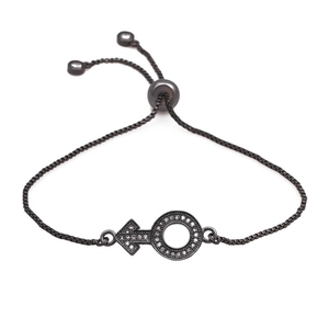 Adjustable gunmetal box chain bracelet featuring a zircon-paved Mars symbol charm