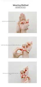 Detail showing the adjustable red and white braided rope bracelet wearing steps