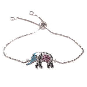 Silver adjustable elephant bracelet with multi-color micro-paved cubic zirconia stones