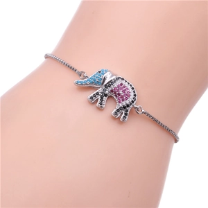 Detail of elephant charm bracelet with colorful cubic zirconia on box chain for women