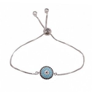 Adjustable silver evil eye bracelet with blue zircon stones and box chain detail
