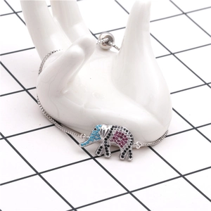 Detail of adjustable silver elephant bracelet with colorful pavé cubic zirconia stones