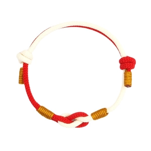 Handwoven red and cream couple bracelet with adjustable knots and gold silk thread
