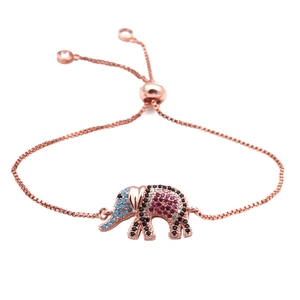Adjustable rose gold elephant bracelet with vibrant multi-colored cubic zirconia stones