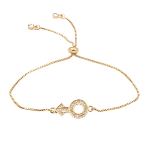Adjustable gold Mars symbol chain bracelet with micro-paved cubic zirconia stones