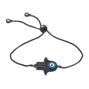 Bracelet ajustable main de Fatima et œil maléfique avec zircons colorés plaqués noir