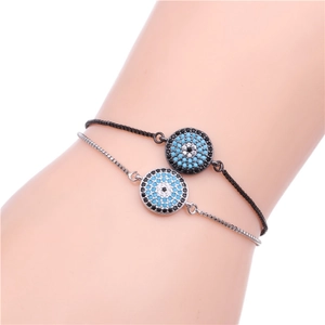 Adjustable Evil Eye charm bracelets with micro-paved zircons on silver and black chains