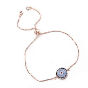 Adjustable rose gold evil eye bracelet with blue and black pavé zircon crystals