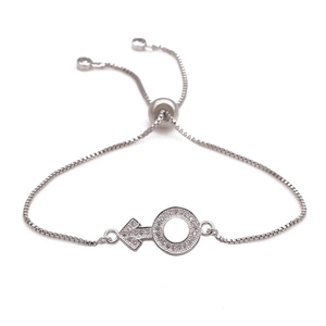 Adjustable silver box chain bracelet with micro-paved zircon male symbol charm