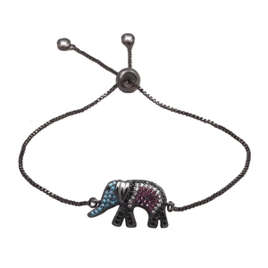 Adjustable elephant bracelet in gunmetal finish featuring multi-color micro-pavé crystals