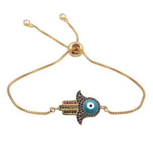 Bracelet ajustable doré Main de Fatma avec œil bleu et pierres en zircone multicolores
