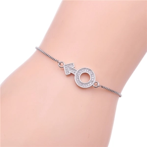 Detail view of silver zircon bracelet with Mars male symbol and adjustable sliding chain