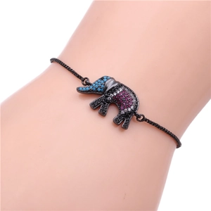 Detail of adjustable black elephant bracelet with blue and pink zircon micro-inlay on wrist
