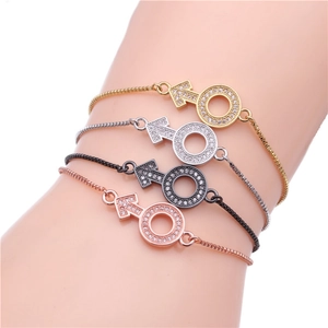 Detail view of adjustable Mars symbol bracelets in gold, silver, black and rose gold finishes