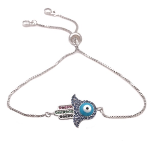 Bracelet Main de Fatima avec Œil Mauvais Bleu en Argent et Chaîne Réglable Coulissante