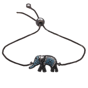 Detail of adjustable gunmetal elephant bracelet with micro-pave blue cubic zirconia