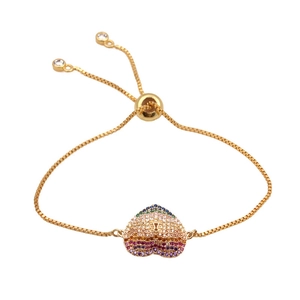 Adjustable gold box chain bracelet featuring a rainbow zircon heart pendant with keyhole