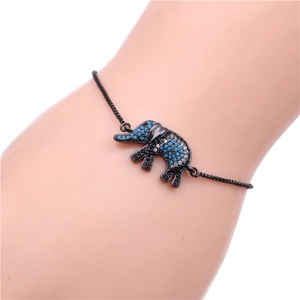 Detail of adjustable elephant bracelet featuring multi-color micro-paved zircons and gunmetal box chain